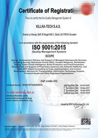 Certificaciones ISO 27001, 9001 y 42001 en Ecuador | KILLKA-TECH 2 Ciberseguridad Killka EC Certificado ISO 9001:2015 de KILLKA-TECH S.A.S., certificado SCK/01/KTS/26/59/9516