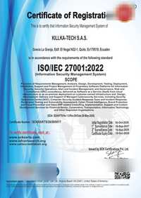 Certificaciones ISO 27001, 9001 y 42001 en Ecuador | KILLKA-TECH 1 Ciberseguridad Killka EC Certificado ISO/IEC 27001:2022 de KILLKA-TECH S.A.S., certificado SCK/05/KTS/26/59/9517