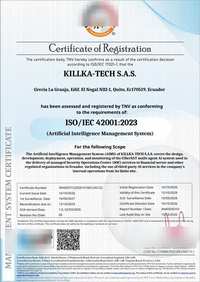Certificaciones ISO 27001, 9001 y 42001 en Ecuador | KILLKA-TECH 3 Ciberseguridad Killka EC Certificado ISO/IEC 42001:2023 de KILLKA-TECH S.A.S., certificado CB-MS-2233, AIMS de CiberSAT